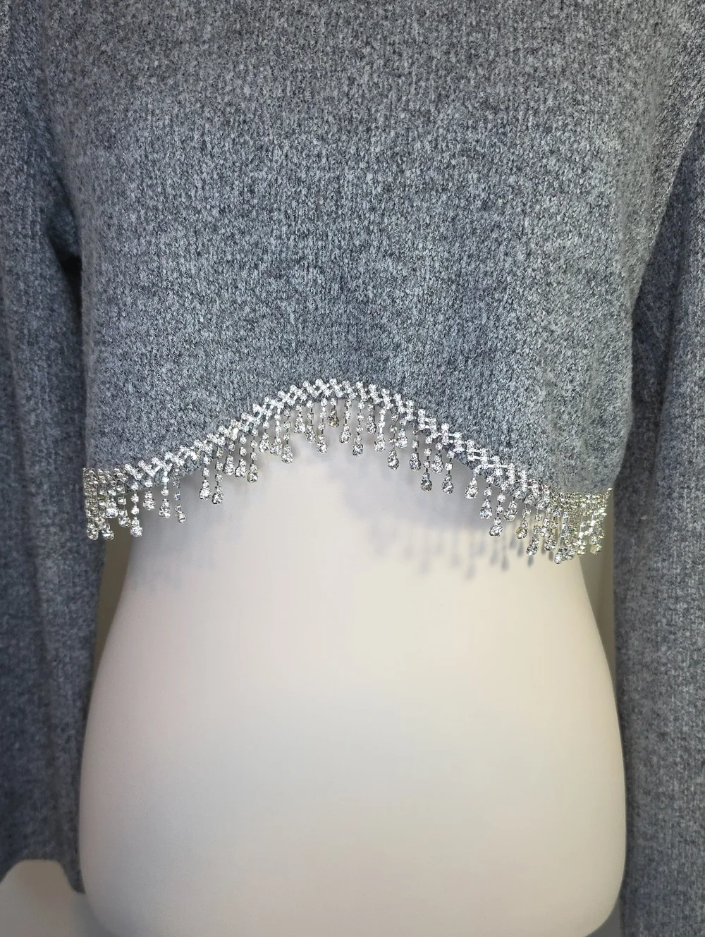 Zara Gray Cropped Gray Sweater Top with Rhinstone Front Hem Size Medium